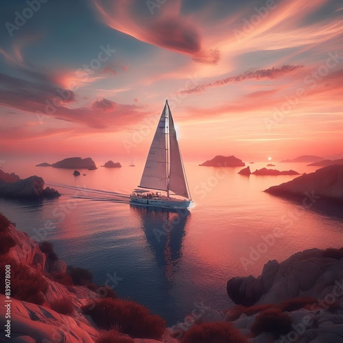 A sailboat gliding across a tranquil bay at sunset, the water ca photo