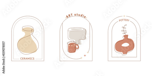 Pottery logo design templates in linear minimal style. Vector line icons for handmade ceramic studio
