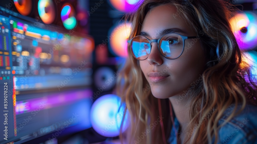 A young woman with glasses and alternative look sits in front of PC screen and is working with an audio DAW. A young woman with glasses and alternative look sits in front of PC screen and is working with an audio DAW.