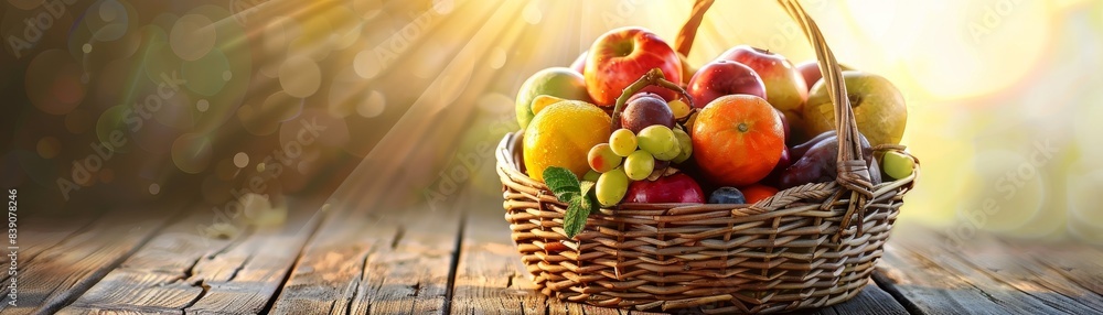 A large basket containing a variety of fresh fruits, placed on a wooden floor with a neutral background, vibrant and detailed, great for home decor and interior design themes A large basket containing a variety of fresh fruits, placed on a wooden floor with a neutral background, vibrant and detailed, great for home decor and interior design themes