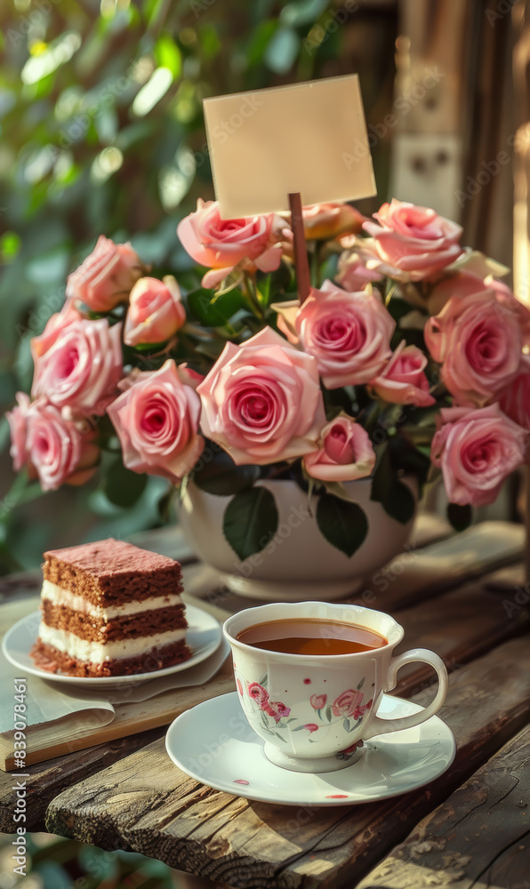luxurious bouquet of roses, garden in the background, sun, cup of coffee and cake luxurious bouquet of roses, garden in the background, sun, cup of coffee and cake