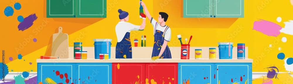 Fototapeta premium A family is cooking together in a colorful kitchen