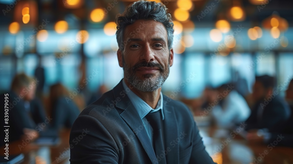 Obraz premium Portrait of mature businessman sitting in restaurant, looking at camera.