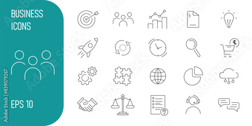 A set of business icons in a single style, simple icons with editable stroke. The icon of a target, missile, group of people, handshake, time, development and so on. EPS10