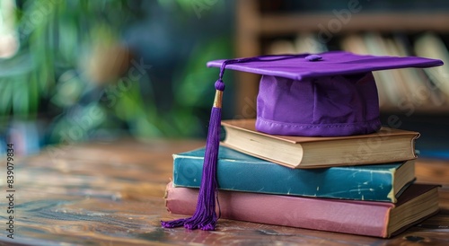 Purple Graduation Cap Resting on Stack of Old Books