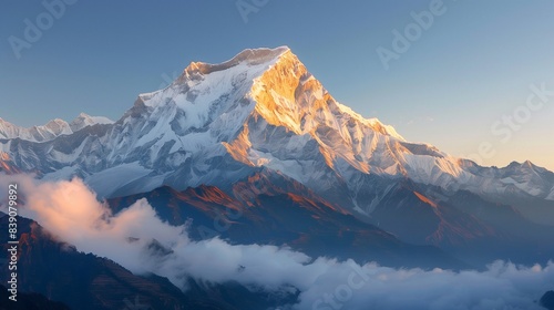 A majestic mountain peak illuminated by the soft golden light of dusk  casting long shadows across the valley below.