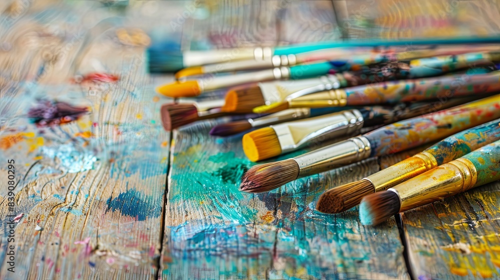 Fototapeta premium Used Paintbrushes on Colorful Wooden Surface.