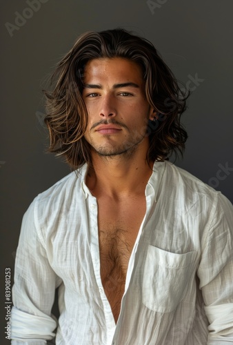Portrait of a Young Man With Long Wavy Brown Hair and a White Button-Down Shirt © olegganko