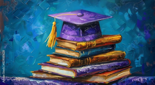 Purple Graduation Cap Resting on Stack of Old Books