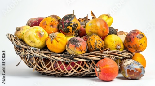 A basket of assorted rotten fruits with decreasing value numbers in the background