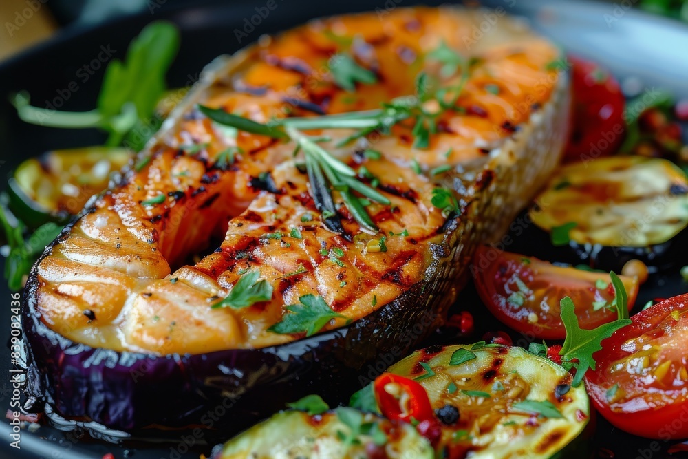 Grilled Salmon Steak, Bbq Red Trout Fish Fillet on Barbeque Eggplant, Zucchini, Pepper and Tomatoes Grilled Salmon Steak, Bbq Red Trout Fish Fillet on Barbeque Eggplant, Zucchini, Pepper and Tomatoes