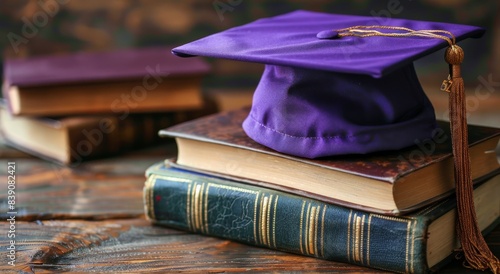 Purple Graduation Cap Resting on Stack of Old Books
