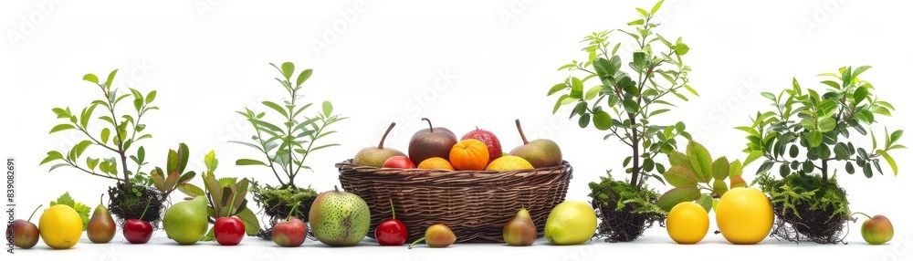A basket of assorted fresh fruits with small growing trees beside it A basket of assorted fresh fruits with small growing trees beside it