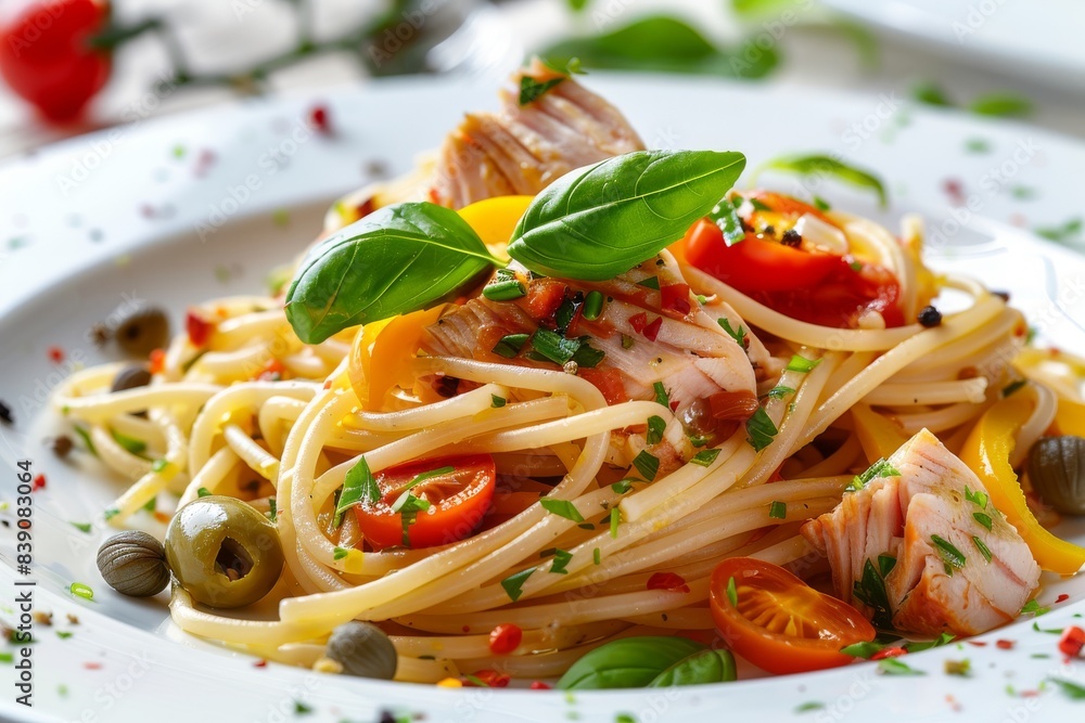 Italian Spaghetti with Tuna Fillet and Vegetables on White Restaurant Plate. Fish Pasta with Canned Seafood Italian Spaghetti with Tuna Fillet and Vegetables on White Restaurant Plate. Fish Pasta with Canned Seafood