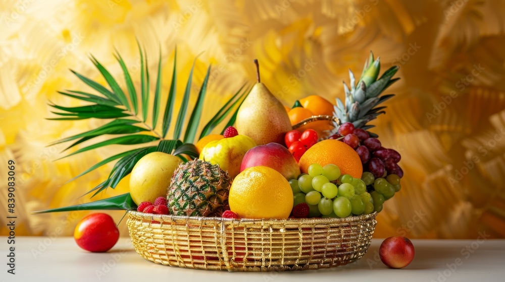 A basket of assorted fresh fruits with a golden background A basket of assorted fresh fruits with a golden background