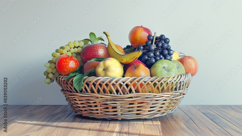 A large basket containing a variety of fresh fruits, placed on a wooden floor with a neutral background, vibrant and detailed, great for home decor and interior design themes A large basket containing a variety of fresh fruits, placed on a wooden floor with a neutral background, vibrant and detailed, great for home decor and interior design themes