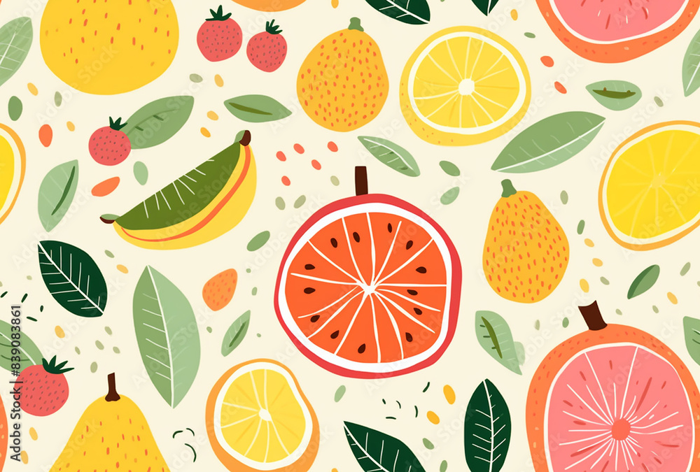 A repeating pattern of various fruits such as lemons, oranges, bananas, strawberries, and watermelon in a cartoon style.
A repeating pattern of various fruits such as lemons, oranges, bananas, strawberries, and watermelon in a cartoon style.
