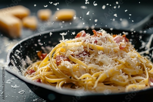 Pasta Carbonara in a Cast Iron Pot, Italian Spaghetti, Fettuccine, Tagliatelle or Alfredo on Black photo