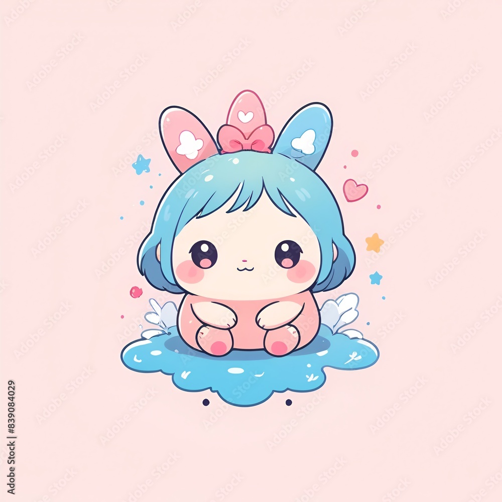 A cute cartoon rabbit is sitting on a cloud A cute cartoon rabbit is sitting on a cloud