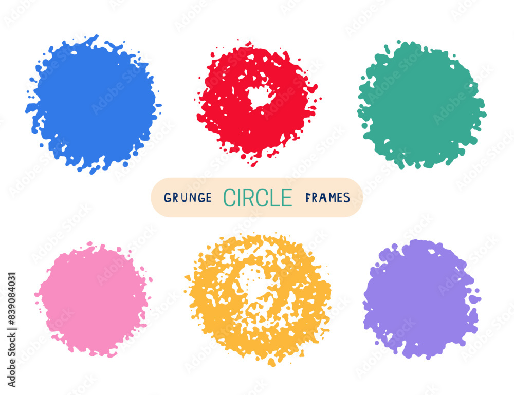 Colorful hand drawn grunge doodle charcoal, chalk brush circle frames. Graffiti style colored round borders. Spray paint effect. Vector illustration Colorful hand drawn grunge doodle charcoal, chalk brush circle frames. Graffiti style colored round borders. Spray paint effect. Vector illustration