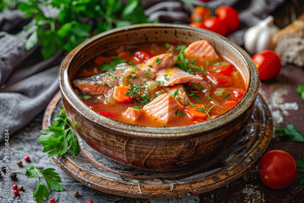 Red Fish Soup with Salmon and Pike Perch, Traditional Homemade Ukha, Bouillabaisse Red Fish Soup with Salmon and Pike Perch, Traditional Homemade Ukha, Bouillabaisse