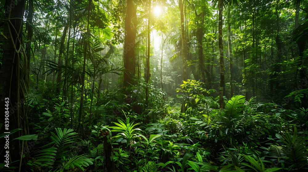 A lush forest with tall trees and diverse vegetation, representing the importance of preserving biodiversity in forest ecosystems. Concept Nature Conservation, Sustainability, Green Lifestyle, Forest A lush forest with tall trees and diverse vegetation, representing the importance of preserving biodiversity in forest ecosystems. Concept Nature Conservation, Sustainability, Green Lifestyle, Forest