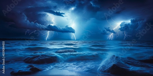 Stunning summer lightning illuminates Atlantic waters at night, Generative AI