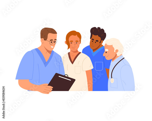 Medical team having discussion in hospital. Group of doctors and nurses planning research in clinic. Healthcare teamwork. Flat vector illustration isolated on white background