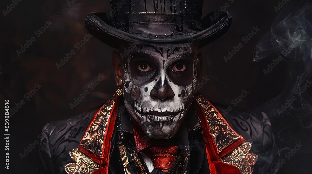 Frontal view portrait of Baron Samedi, dark and intense black background, oil painting style, detailed facial features, haunting eyes, elegantly sinister attire Frontal view portrait of Baron Samedi, dark and intense black background, oil painting style, detailed facial features, haunting eyes, elegantly sinister attire