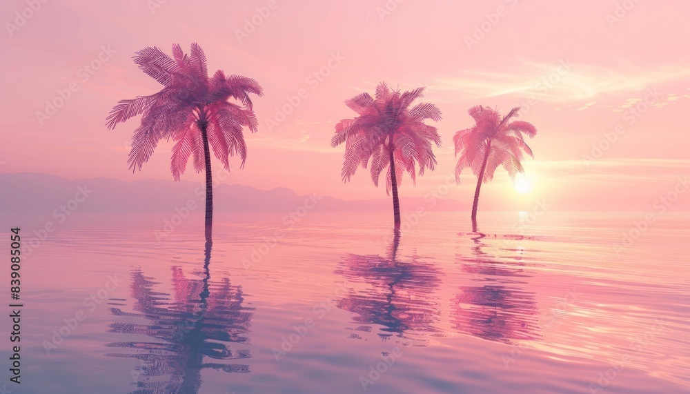 Pink Sunset Over Water with Palm Trees Pink Sunset Over Water with Palm Trees