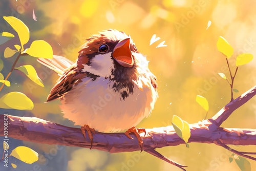 Super cute illustration of a sparrow chirping, vibrant colors, soft focus, detailed fur texture, happy and playful mood photo