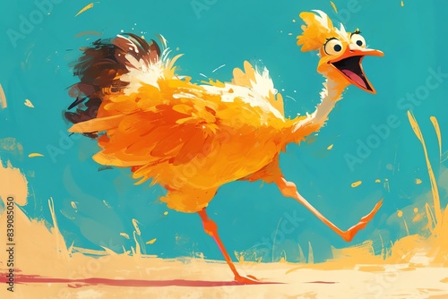 Super cute illustration of a ostrich running, vibrant colors, soft focus, detailed fur texture, happy and playful mood photo