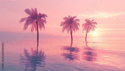 Pink Sunset Over Water with Palm Trees