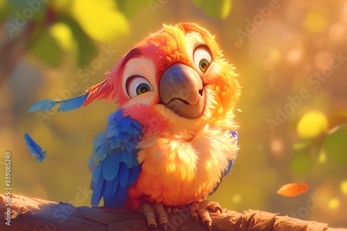 Super cute illustration of a baby macaw, vibrant colors, soft focus, detailed fur texture, happy and playful mood