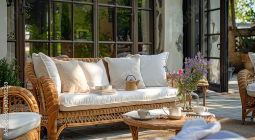 Wicker Sofa and Coffee Table on a Patio With Flowers and Teacups