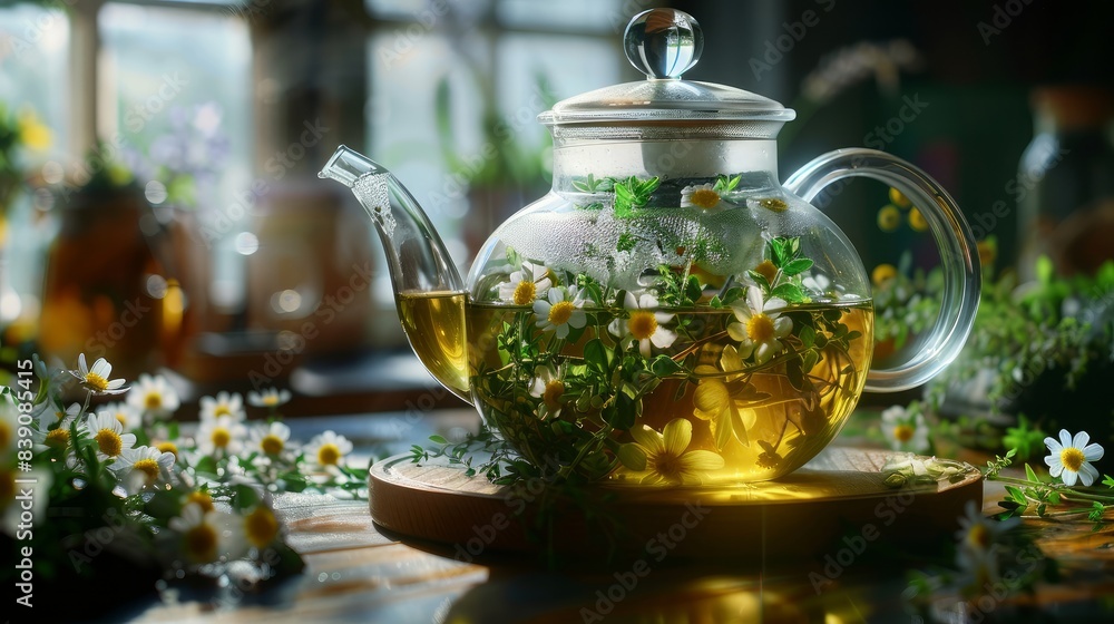 Glass kettle of herbal tea with thyme and linden blossom Glass kettle of herbal tea with thyme and linden blossom