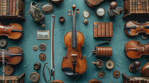 flat lay of violin and rela...