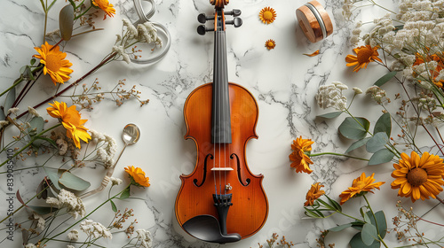 flat lay of violin and rela...