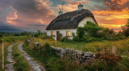 Charming Thatched Cottage With Twilight Sky and Winding Road