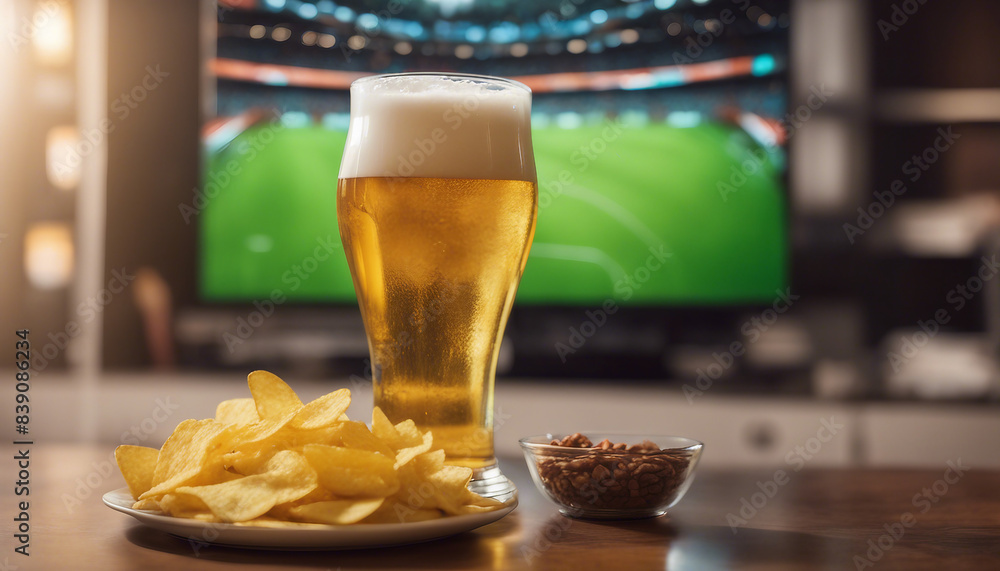 glass of Beer and bowl of chips set on football match tv background at home
glass of Beer and bowl of chips set on football match tv background at home