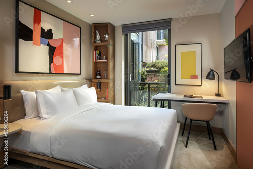 A stylish hotel single bedroom featuring a sleek bed with crisp white linens, a small work desk, abstract art on the wall, and a large window letting in natural light.