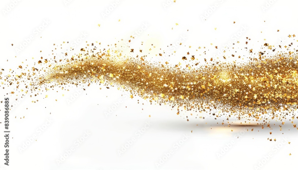 Golden Glitter Confetti Spraying Across White Background Golden Glitter Confetti Spraying Across White Background