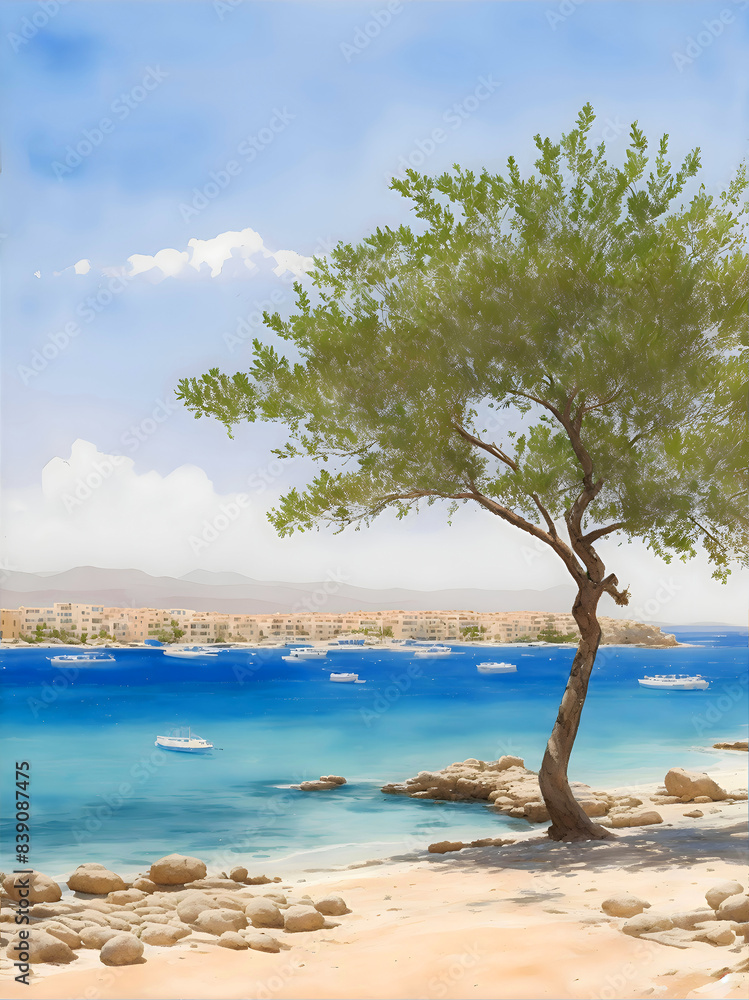 Fig Tree Bay Cyprus Country Landscape Watercolor Illustration Art Fig Tree Bay Cyprus Country Landscape Watercolor Illustration Art