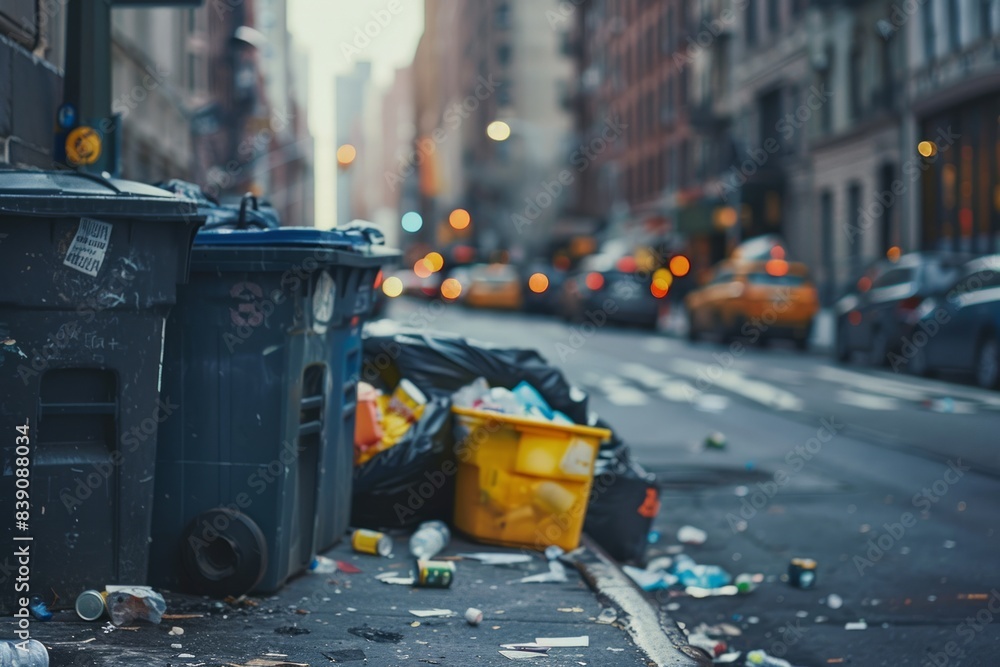 Naklejka premium Urban Waste Management Crisis: Overflowing Garbage Bins on City Street