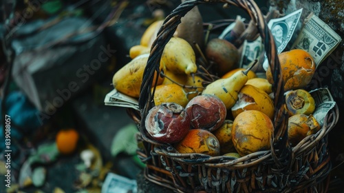 A closeup shot of a basket full of various rotten fruits