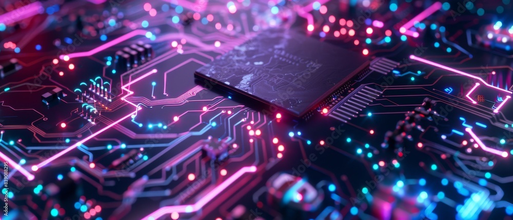A closeup of an advanced CPU chip on the circuit board, glowing with blue and purple lights, symbolizing technology's impact in artificial intelligence A closeup of an advanced CPU chip on the circuit board, glowing with blue and purple lights, symbolizing technology's impact in artificial intelligence