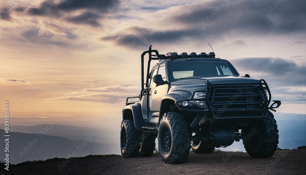 Brutal design american pickup tuck riding in extreme terrain in clouds and night Brutal design american pickup tuck riding in extreme terrain in clouds and night