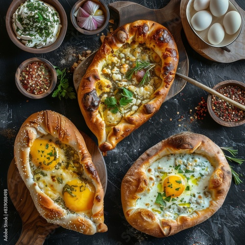 Georgian Food, Adjarian Khachapuri Dishes Set, Kutabs, Chebureks on Rustic Tablecloth Burlap Background photo