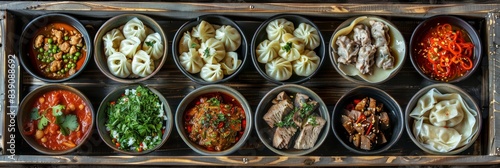 Asian Dishes Set  Azerbaijani Dumplings Giurza with Lamb Meat and Mutton Fillet in Ceramic Bowls