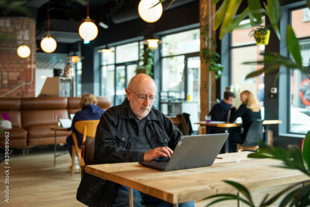 Senior Man Using Laptop in Modern Cozy Cafe Environment Senior Man Using Laptop in Modern Cozy Cafe Environment